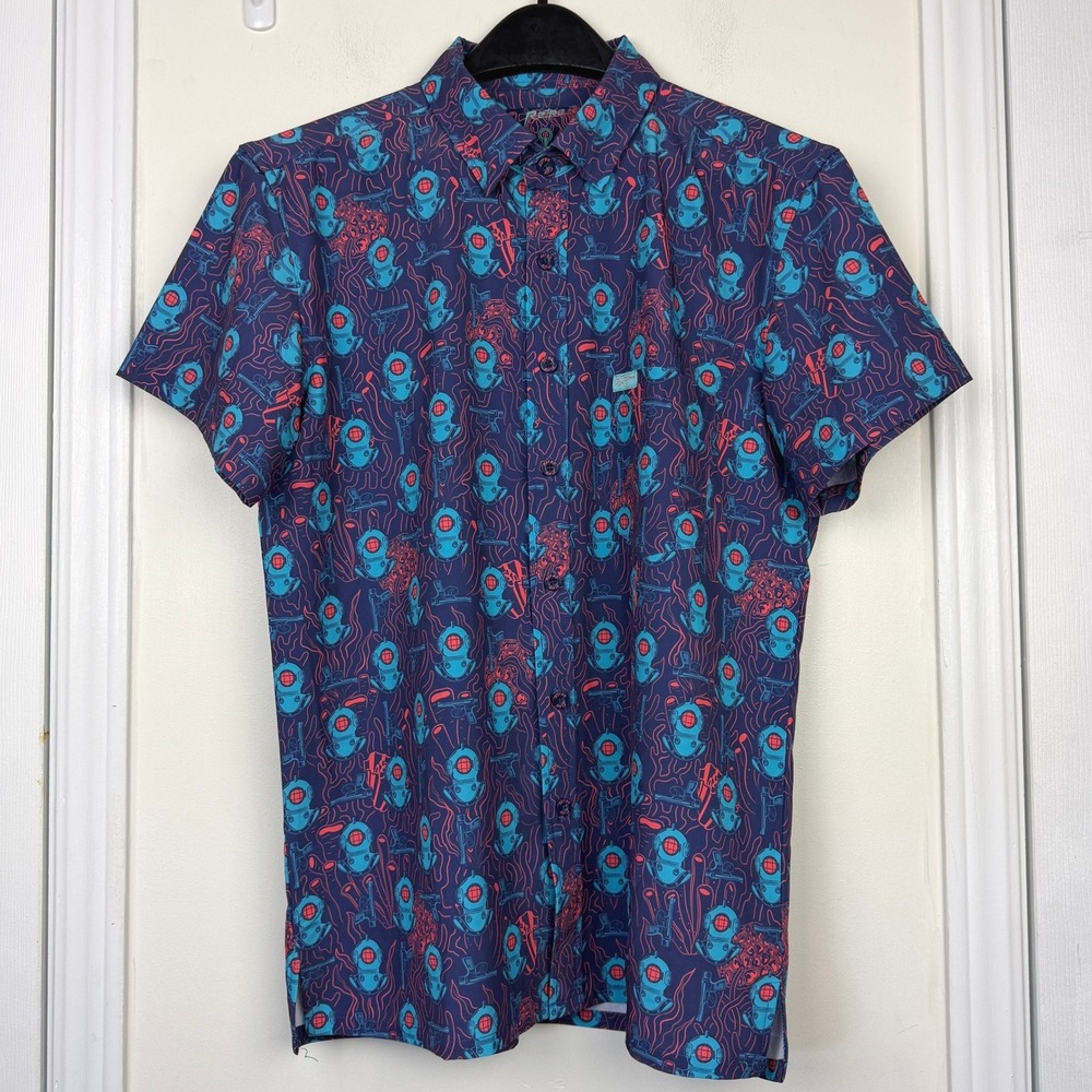 Retro Rifle DEEP DIVE Scuba Blue Short Sleeve Shirt Mens M Aloha Hawaiian Guns - Picture 3 of 10